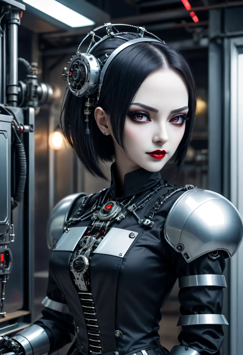 cybernetic female vampire,Female vampire robot butler, Metal mechanical surface,Mechanical joint,Female robot wearing housekeeper uniform,Female robot housekeeper is responsible for handling various household chores,A futuristic,cyber punk personage
