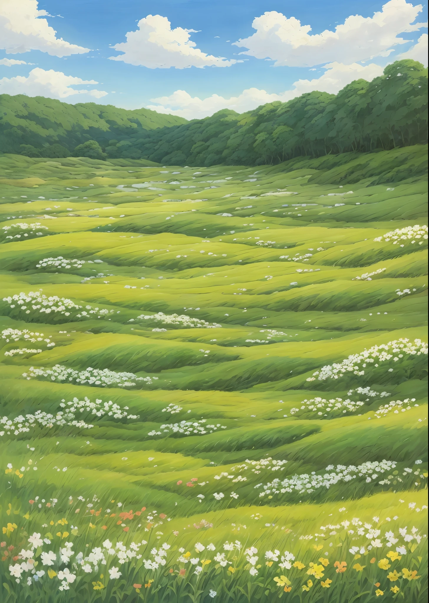 Realistic, authentic, beautiful and amazing landscape oil painting Studio Ghibli Hayao Miyazaki&#39;s petal grassland with blue sky and white clouds