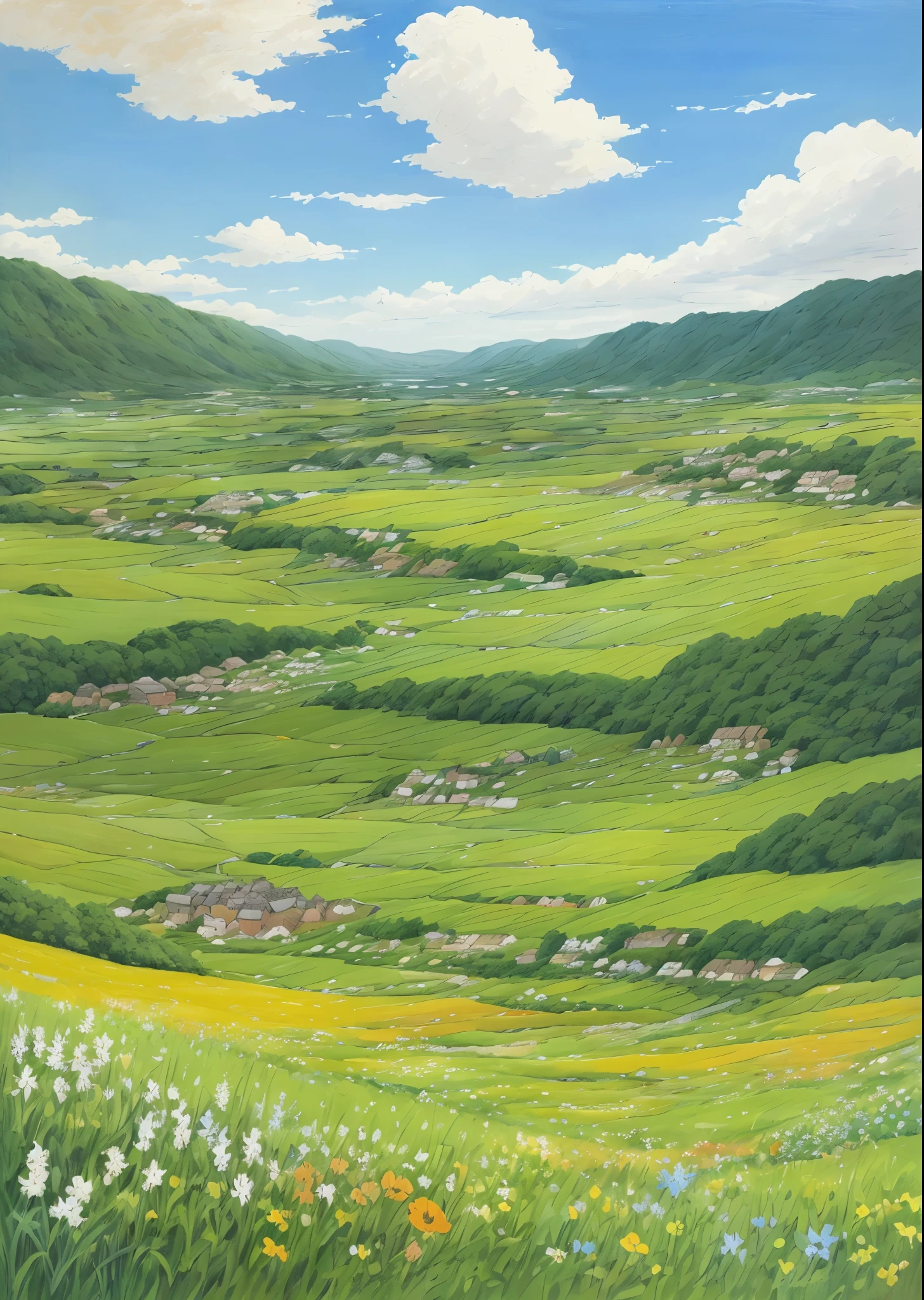 Realistic, authentic, beautiful and amazing landscape oil painting Studio Ghibli Hayao Miyazaki&#39;s petal grassland with blue sky and white clouds