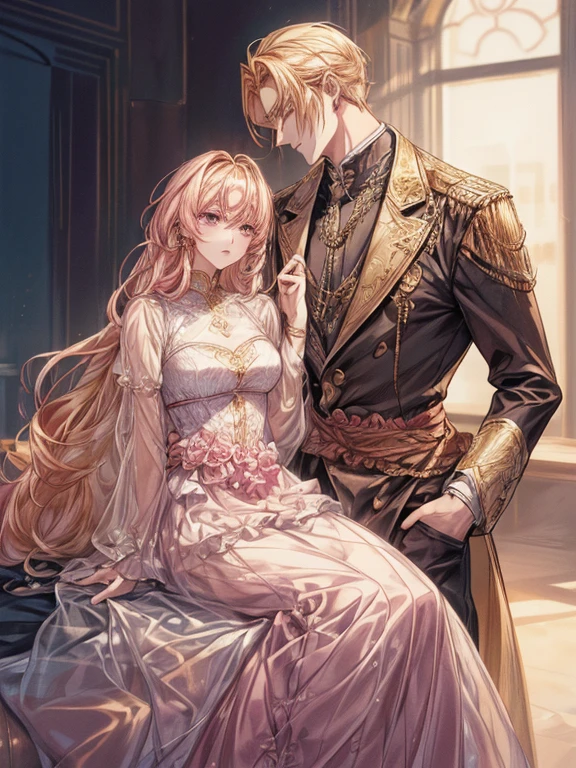 (((1male people:Piercing in the left ear,、((Golden hair))、tall、tall、Tall、a handsome、refreshing、burly)))、(((1female:Pink hair、Long、short、Best style、F-cup、see-through sexy dress、Beautuful Women)))、((((a couple))))、{(Best Quality, 8K, masutepiece, nffsw, Soft lighting, image perfect, Digital Illustration, manhwa art, super detailed image, Perfect lines, )}