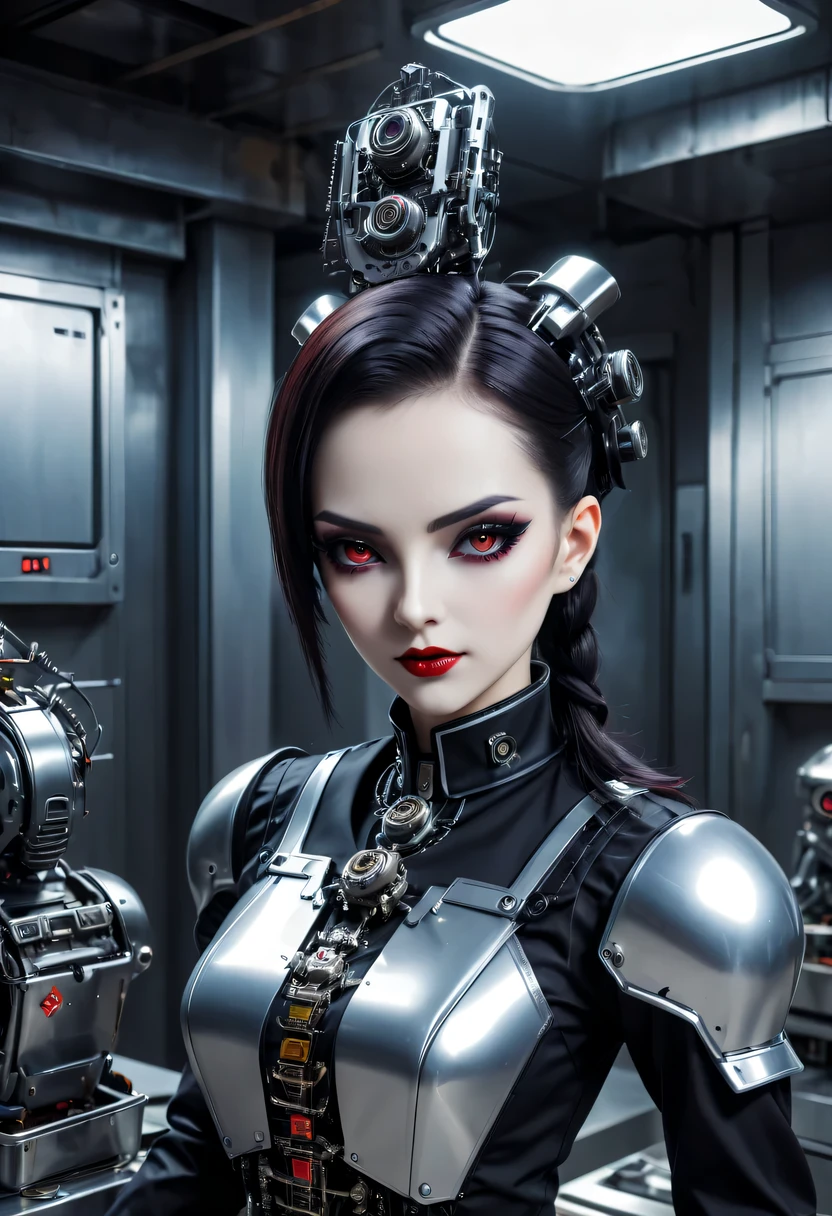 Hyperrealistic art imaginative dark gothic fantasy concept art,bleak,vibrant immersive woman's face split in half,left side is pale skin brightly lit,right side is dark cybernetic cyborg,Hyperrealistic art cinematic film still photography in the style of detailed hyperrealism photoshoot . Extremely high-resolution details,photographic,realism pushed to extreme,fine texture,incredibly lifelike