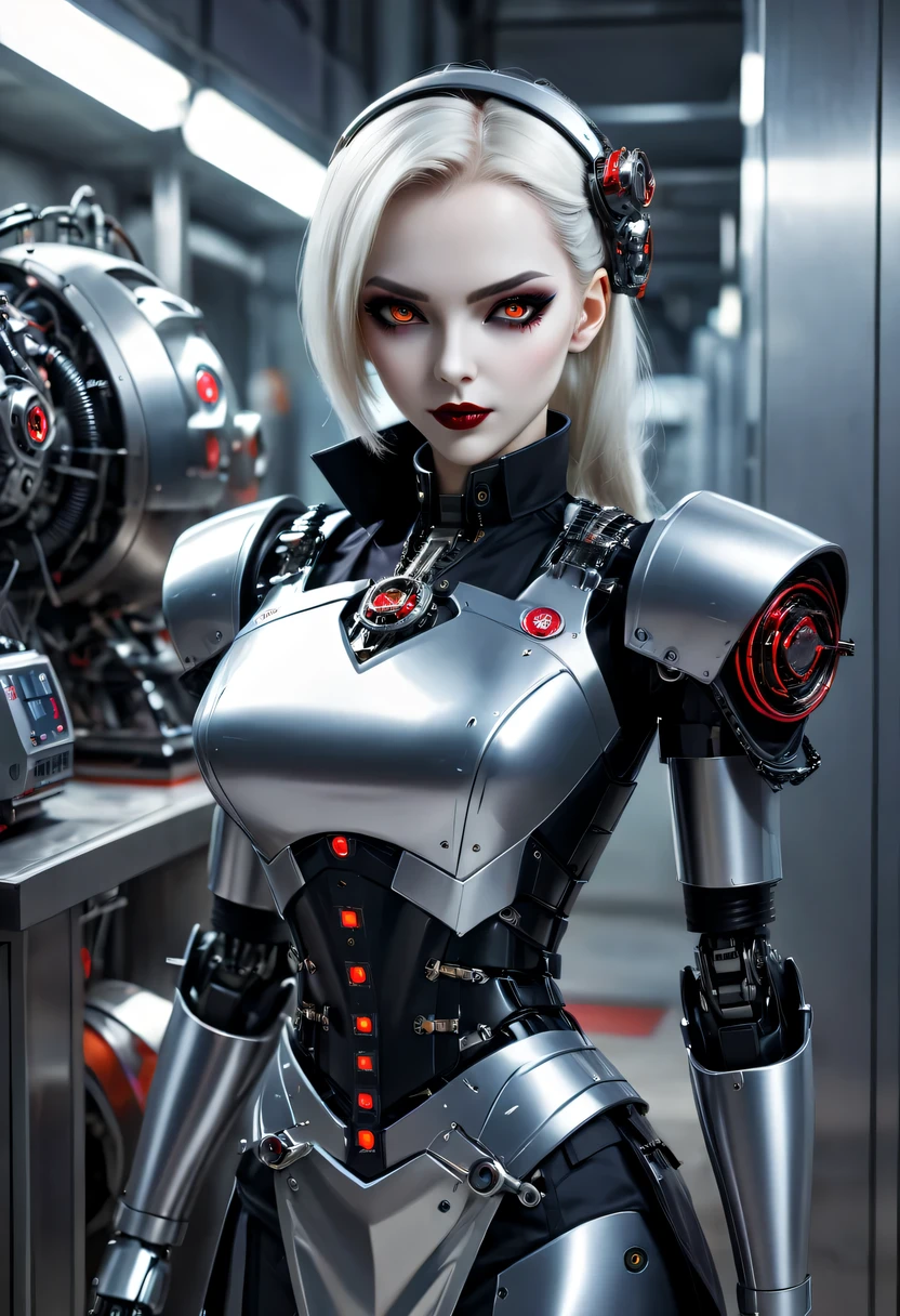 cybernetic female vampire,Female vampire robot butler, Metal mechanical surface，Mechanical joint，Female robot wearing housekeeper uniform,Female robot housekeeper is responsible for handling various household chores,A futuristic,cyber punk personage