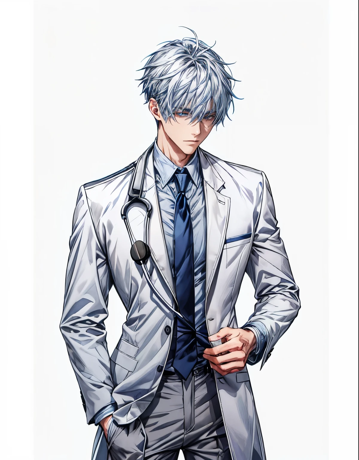 Young men，grey blue Hair，Alone，White coat，Inside is a blue shirt，Dark blue tie，stethoscope hanging on shoulder，Gray suit pants