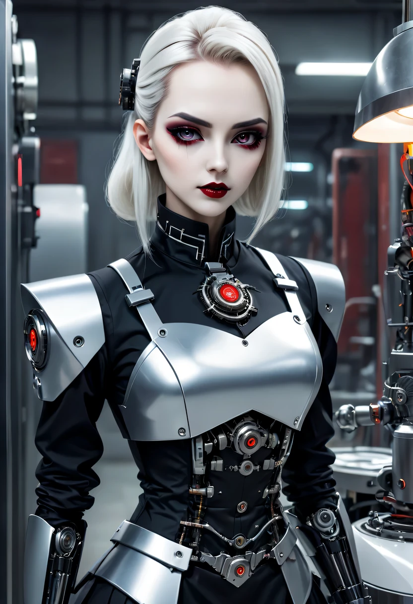 cybernetic female vampire,Female vampire robot butler, Metal mechanical surface,Mechanical joint,Female robot wearing housekeeper uniform,Female robot housekeeper is responsible for handling various household chores,A futuristic,cyber punk personage