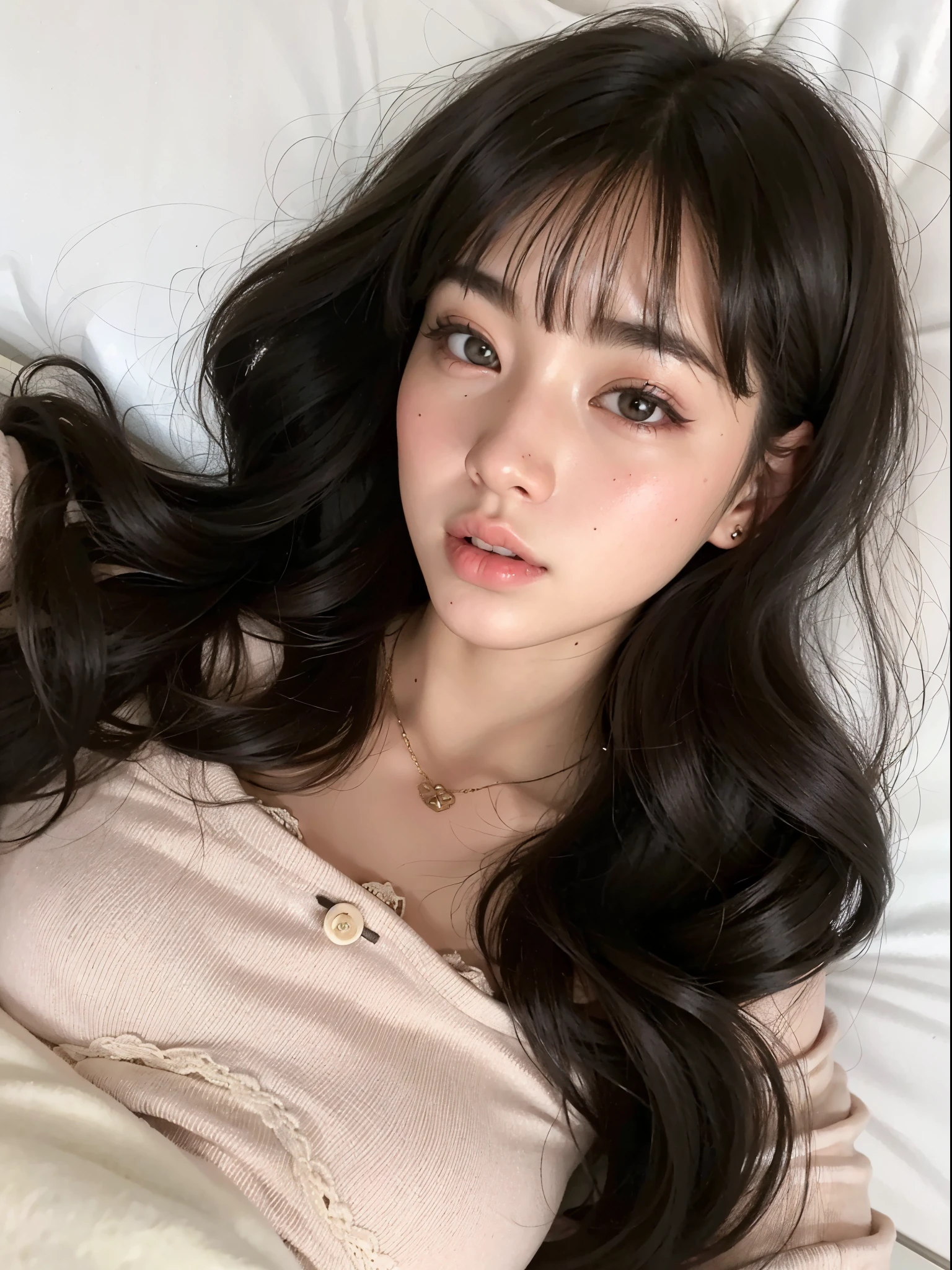 Un primer plano de una mujer acostada en la cama con una almohada, ulzzang, Chica coreana, Hermosa mujer surcoreana, Hermosa joven coreana, Hermosa joven coreana, Joven y adorable rostro coreano, Lalisa Manobal, maquillaje popular de Corea del Sur, Wan adorable cara coreana, Cabello limpio con flequillo, maquillaje coreano popular, Pelo largo con flequillo