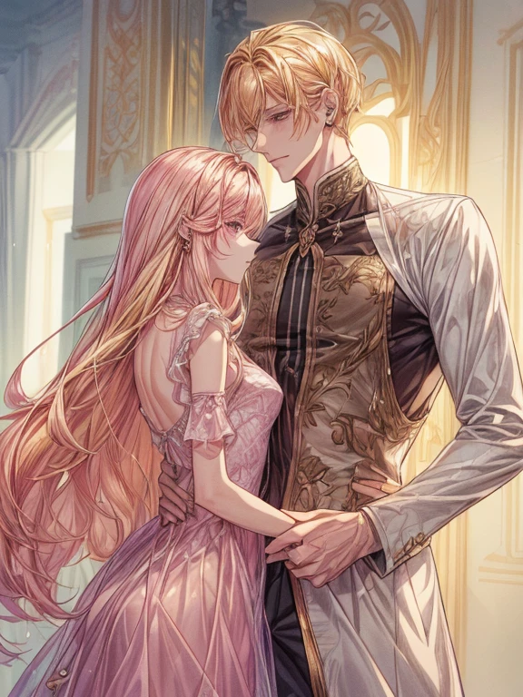 ((1male people：Piercing in one ear only,、(Golden hair)、tall、tall、Tall、a handsome、refreshing))、((1female：Pink hair、Long、short、Best style、F-cup、Sheer Dresses))、(((a couple、Flirting)))、