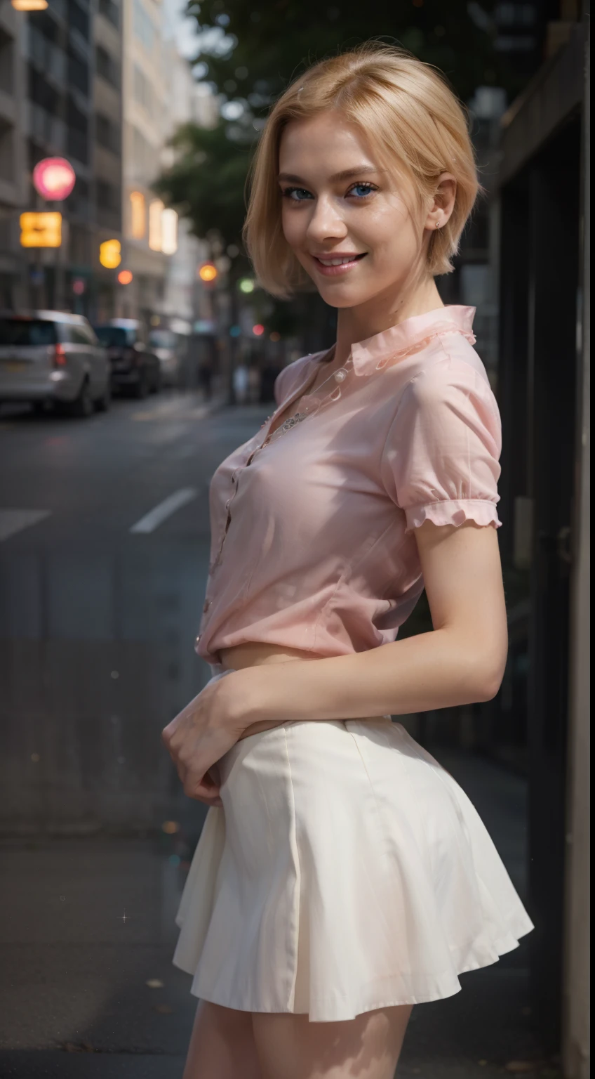 8k, masterpiece, RAW photo, best quality, photorealistic, extremely detailed CG unity 8k wallpaper, Depth of field, Cinematic Light, Lens Flare, Ray tracing, (extremely beautiful face, looks like belerusian super model,beautiful lips, beautiful eyes), intricate detail face, ((ultra detailed skin))beautiful blonde girl, blue eyes, pastel blue eyes, (very slim slender fit-muscled body:1.3), ((looking at viewer)),(big smile:1.3), (short skirt ), (yellow mini skirt ),clear eyes, walking , front shot, (pale skin), (big eyeace forward, (pink shirt), (blonde hairs), ((laced blouse)),,(looking at viewer:1.3) very slim, medium breasts, tight Mini skirt,neon, night, dim light, cityscape, blurry background, street, buildings, tree, sparkling skirt, (full body shot, (open breastlack short sleeve, short hair