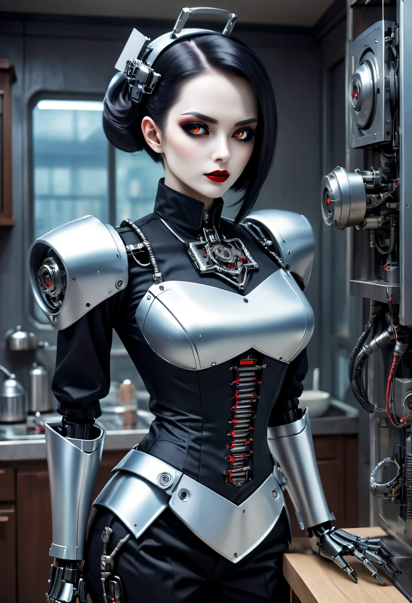 cybernetic female vampire,Female vampire robot butler, Metal mechanical surface,Mechanical joint,Female robot wearing housekeeper uniform,Female robot housekeeper is responsible for handling various household chores,A futuristic,cyber punk personage