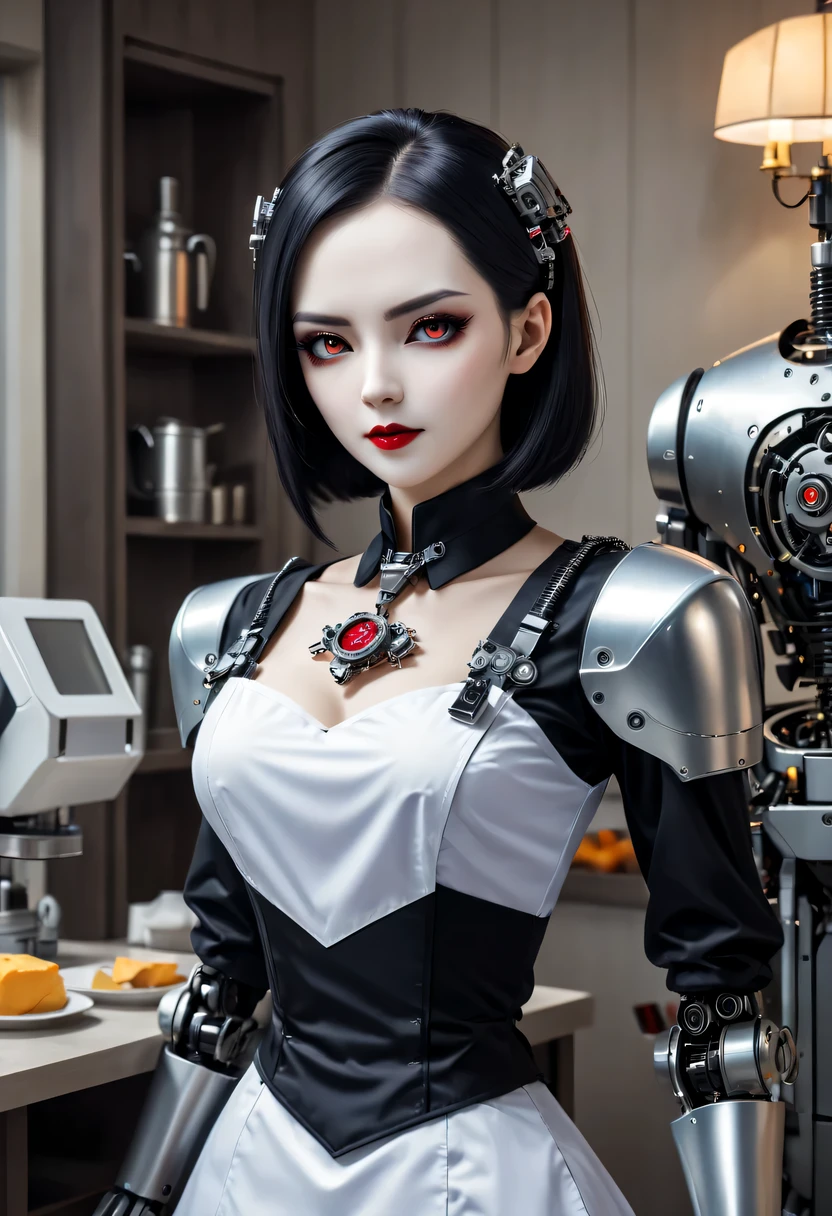 cybernetic female vampire,Female vampire robot butler, Metal mechanical surface,Mechanical joint,Female robot wearing housekeeper uniform,Female robot housekeeper is responsible for handling various household chores,