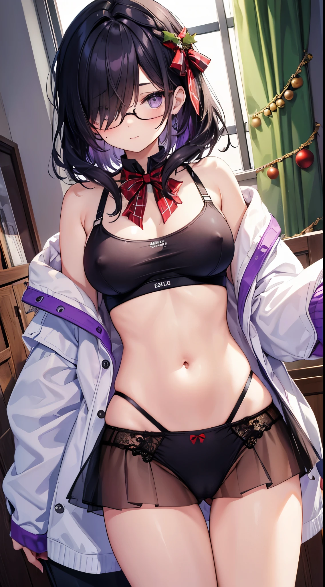 Female, 18 years old, purple-black hair trailing down to cover one eye eyes christmas underwear nipples and pussy Wear round glasses Twittel hair