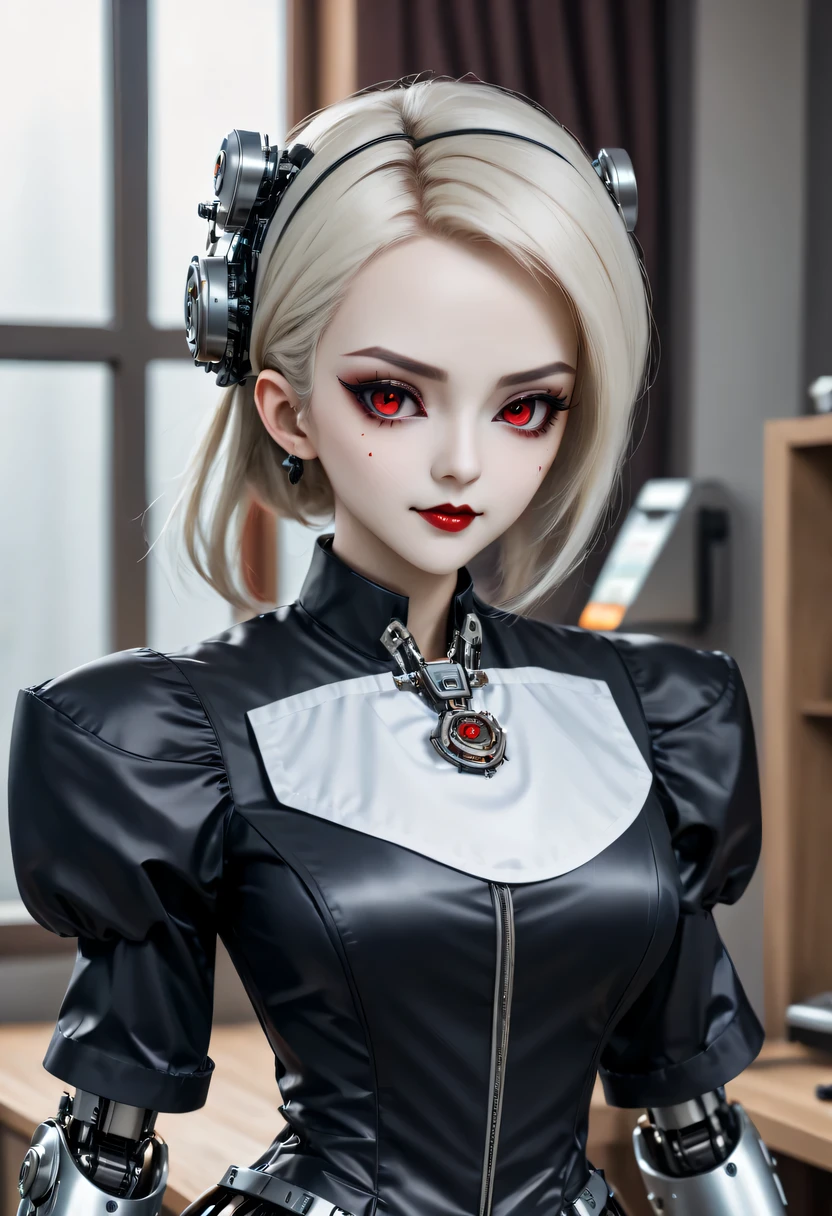 cybernetic female vampire,Female vampire robot butler, Metal mechanical surface,Mechanical joint,Female robot wearing housekeeper uniform,Female robot housekeeper is responsible for handling various household chores,