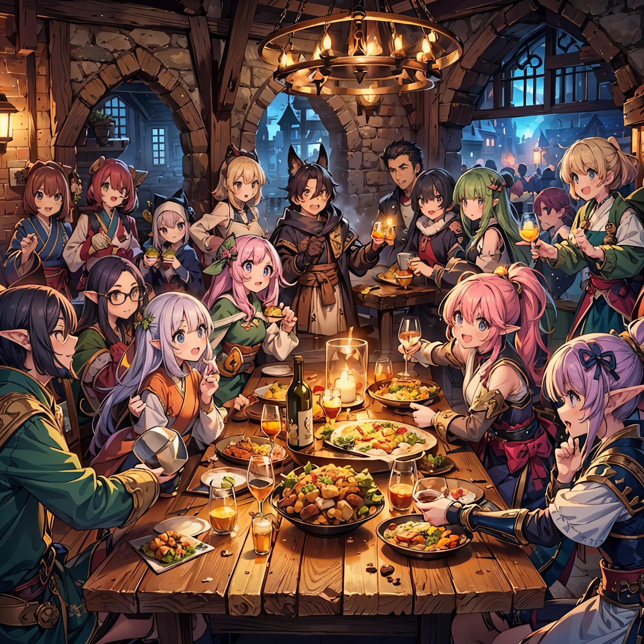 (masterpiece), best quality, ultra detailed, expressive eyes, perfect face,Fantasy art, a dozen people of different races toasting together in a medieval pub at night, Cheers with alcohol,reveling, happy, ecstasy, (exaggerated expressions:1.3), (exaggerated movements:1.5),Human,Elf,Dwarf,kemomimi, warrior, ranger, mage, archer, ninja, samurai, black hair, yellow hair, red hair, pink hair,purple hair, short hair, long hair, ponytail, twintails, (Lots of dishes on table:1.2) , (Large_meals on table:1.2), vivid color