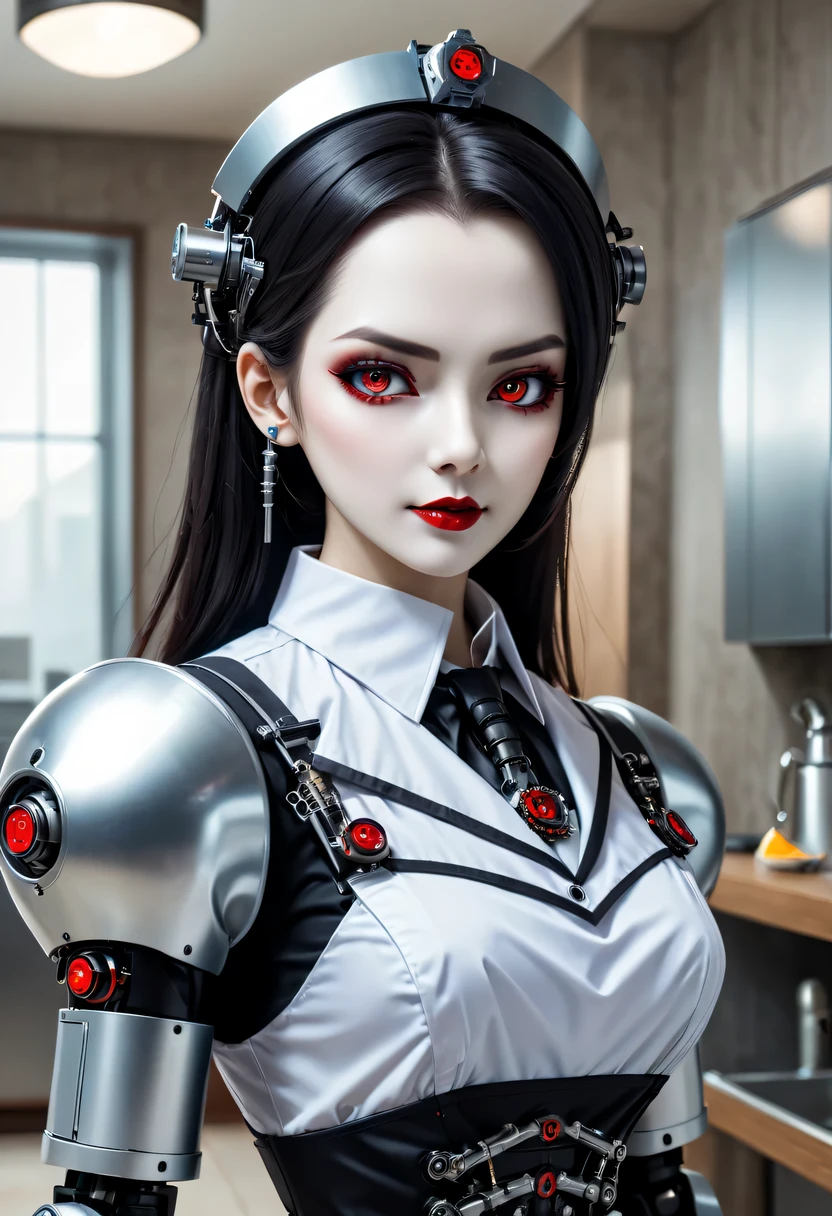 cybernetic female vampire,Female vampire robot butler, Metal mechanical surface,Mechanical joint,Female robot wearing housekeeper uniform,Female robot housekeeper is responsible for handling various household chores,