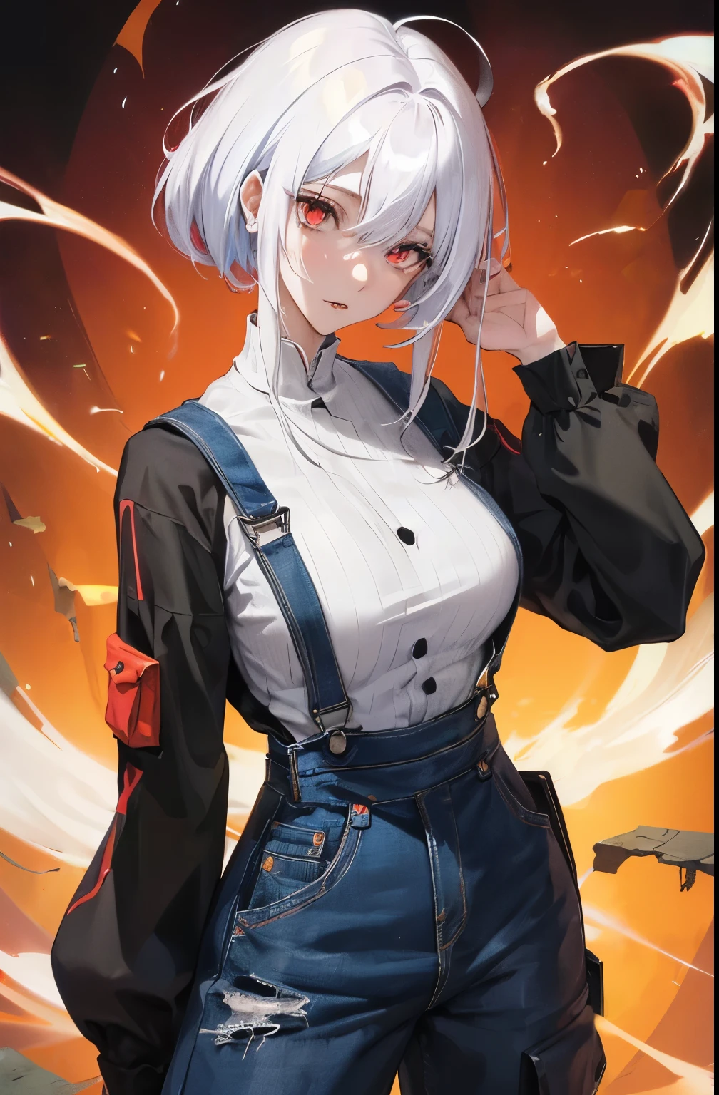 (((masutepiece)))), High quality, HDR color fidelity, incredibly detailed scenes, Anime/Cartoon style, The face of Japanese nationality, girl, White hair, Red Eyes, Feminine, sexy expression, Bigchest,A neon portal to another dimension that sucks in everything around it., Wearing tight overalls made in China, In a spectacular environment that seems to break through the cracks in the ground..
