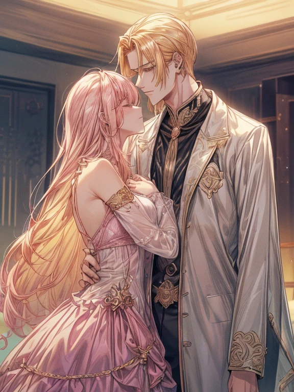 ke (((1male people:Piercing in the left ear,、((Golden hair))、tall、tall、Tall、a handsome、refreshing、burly)))、(((1female:Pink hair、Long、short、Best style、F-cup、See-through sexy dress、Beautuful Women)))、((((a couple))))、{(Best Quality, 8K, masutepiece, nffsw, Soft lighting, image perfect, Digital Illustration, manhwa art, super detailed image, Perfect lines, )}