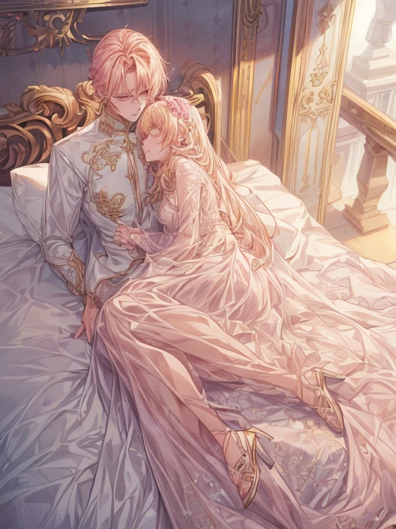ke (((1male people:Piercing in the left ear,、((Golden hair))、tall、tall、Tall、a handsome、refreshing、burly)))、(((1female:Pink hair、Long、short、Best style、F-cup、See-through sexy dress、Beautuful Women)))、((((a couple))))、{(Best Quality, 8K, masutepiece, nffsw, Soft lighting, image perfect, Digital Illustration, manhwa art, super detailed image, Perfect lines, )}