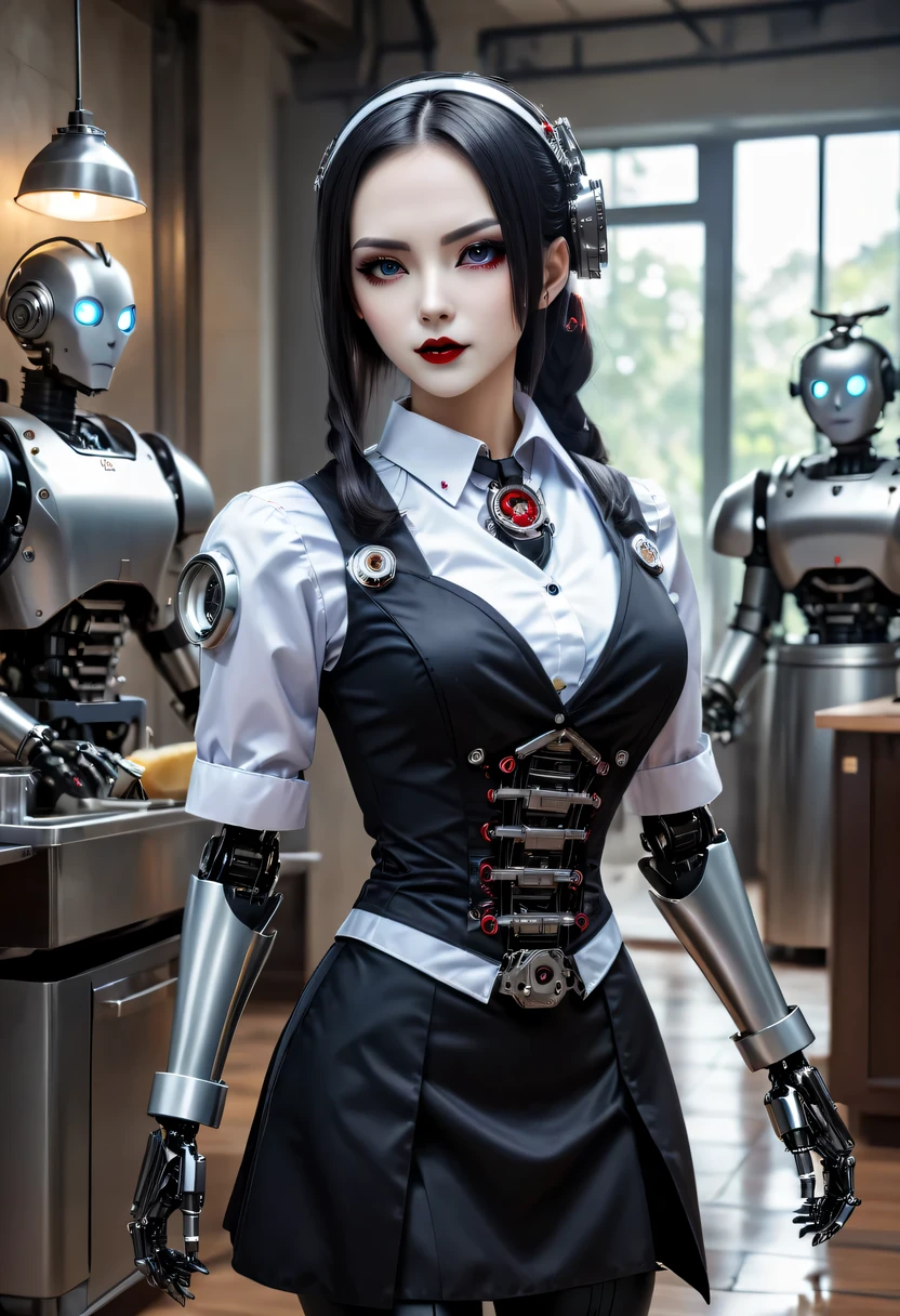 cybernetic female vampire,Female vampire robot butler, Metal mechanical surface,Mechanical joint,Female robot wearing housekeeper uniform,Female robot housekeeper is responsible for handling various household chores,