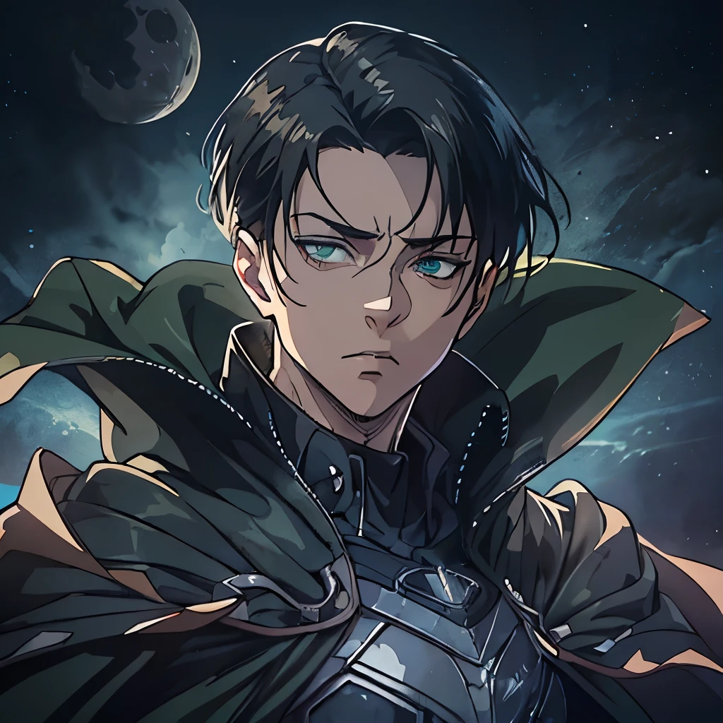 (masterpiece), 8k cg, intricate details, chromatic aberration, ((bust shot)), ((looking at viewer)), 1man (green eyes, slicked back black hair, parted bangs, Levi Ackerman Body Suit,), ((Moon shape emblem, Moon Shaped cape, cape)), strong face, defined jaw, cheekbones, handsome face, frown, 20 year old, absurdres, cinematic lighting, dynamic lighting, fantasy, ((dark background, fog))