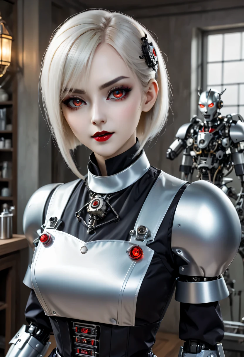 cybernetic female vampire,Female vampire robot butler, Metal mechanical surface，Mechanical joint，Female robot wearing housekeeper uniform,Female robot housekeeper is responsible for handling various household chores，