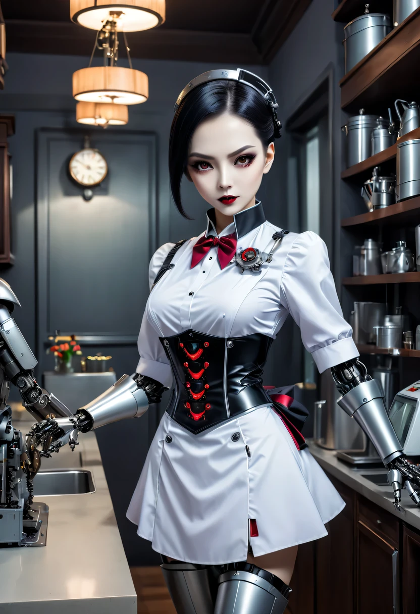 cybernetic female vampire,Female vampire robot butler, Metal mechanical surface,Mechanical joint,Female robot wearing housekeeper uniform,Female robot housekeeper is responsible for handling various household chores,
