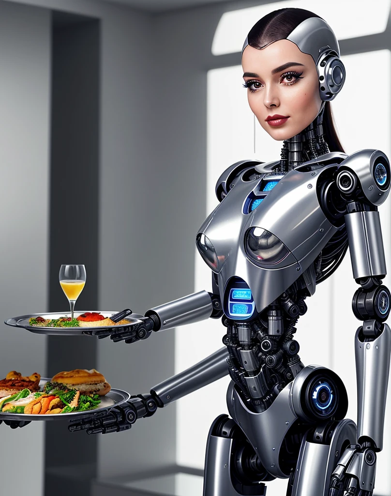 A robotic woman who serves as a butler. Holds a tray and serves guests. (high quality,ultra-detailed,robot wife),(futuristic technology,sci-fi),(beautiful face,emotive eyes,delicate lips),long eyelashes,sleek metallic body,cybernetic enhancements,intelligent AI