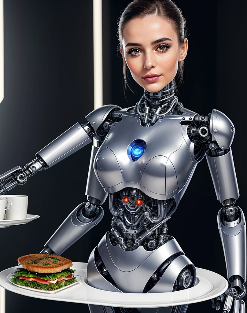 A robotic woman who serves as a butler. Holds a tray and serves guests. (high quality,ultra-detailed,robot wife),(futuristic technology,sci-fi),(beautiful face,emotive eyes,delicate lips),long eyelashes,sleek metallic body,cybernetic enhancements,intelligent AI