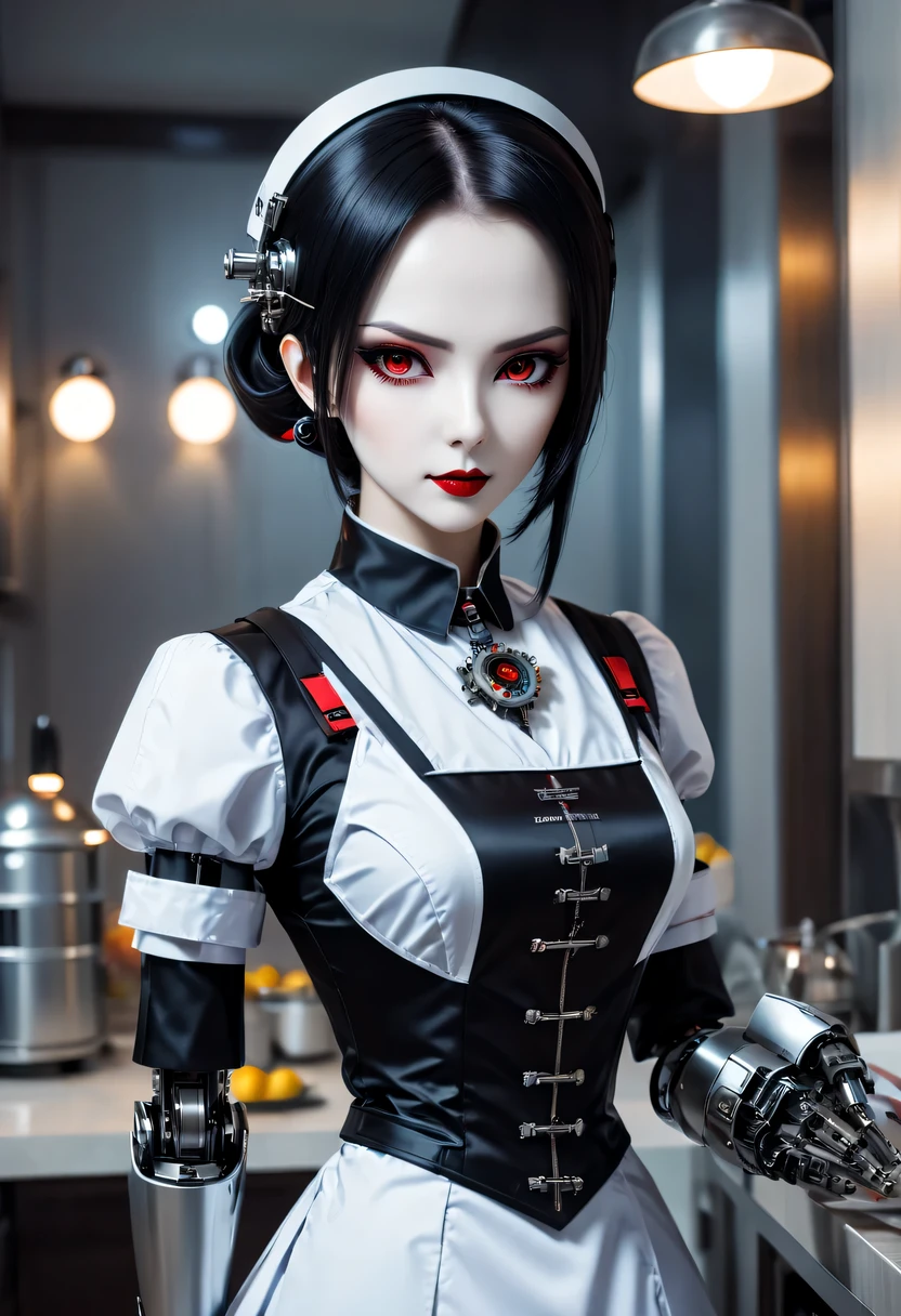 cybernetic female vampire,Female vampire robot butler, Metal mechanical surface,Mechanical joint,Female robot wearing housekeeper uniform,Female robot housekeeper is responsible for handling various household chores,