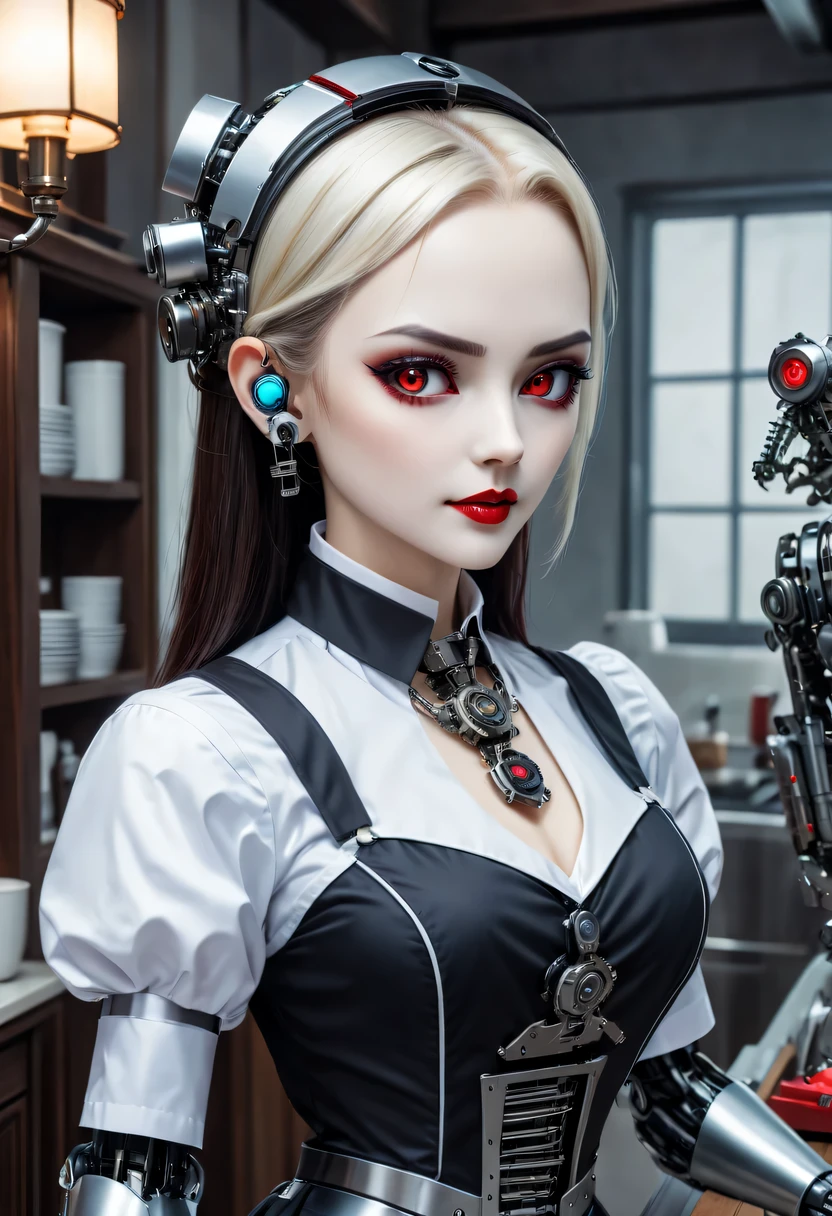 cybernetic female vampire,Female vampire robot butler, Metal mechanical surface，Mechanical joint，Female robot wearing housekeeper uniform,Female robot housekeeper is responsible for handling various household chores，