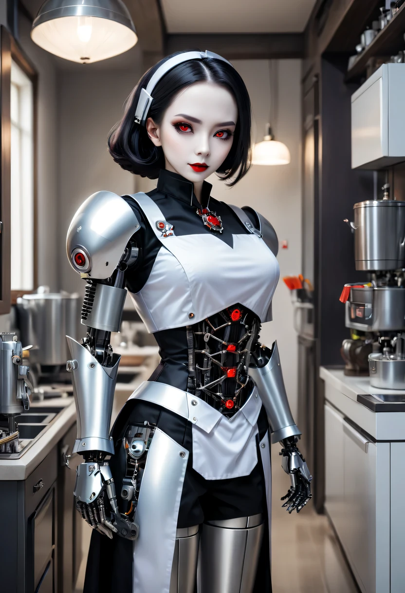 cybernetic female vampire,Female vampire robot butler, Metal mechanical surface,Mechanical joint,Female robot wearing housekeeper uniform,Female robot housekeeper is responsible for handling various household chores,