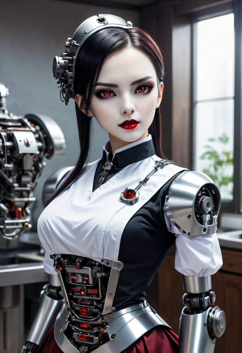 cybernetic female vampire,Female vampire robot butler, Metal mechanical surface,Mechanical joint,Female robot wearing housekeeper uniform,Female robot housekeeper is responsible for handling various household chores,