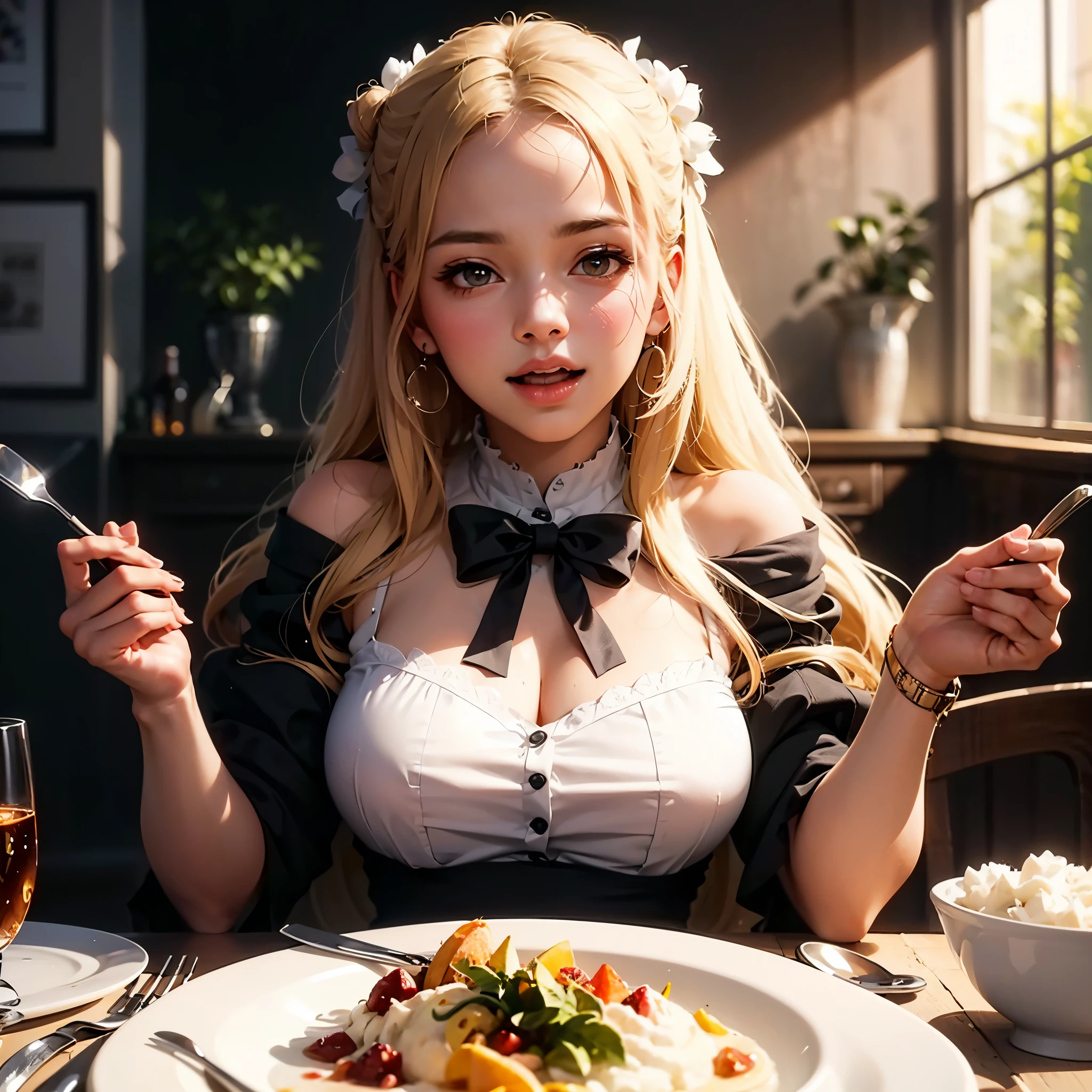 a beautifull woman, food, excited, mouth open, with manners, elegantly, masterpiece, best quality:1.2),,(8k,highres,RAW photo,realistic,photo-realistic:1.3),(detailed skin texture,detailed cloth texture,beautiful detailed face:1.25),professional lighting,photon mapping,beautiful soft light,radiosity,physically-based rendering,raytracing, model shoot style, model shoot style, (extremely detailed CG unity 8k wallpaper), full shot body photo of the most beautiful artwork in the world,