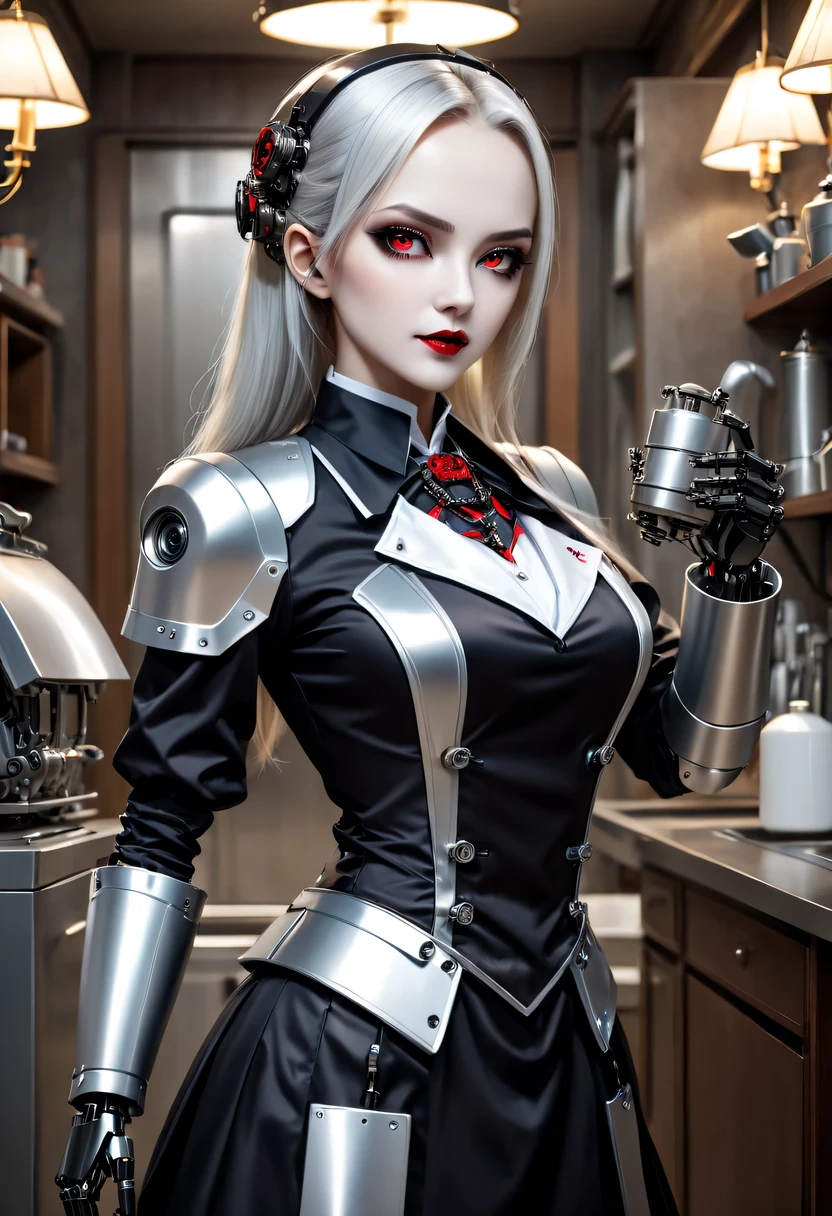 cybernetic female vampire,Female vampire robot butler, Metal mechanical surface，Mechanical joint，Female robot wearing housekeeper uniform,Female robot housekeeper is responsible for handling various household chores，
