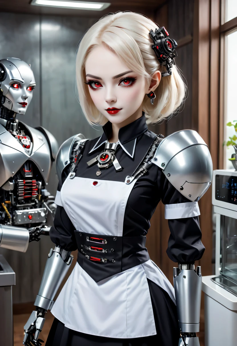 cybernetic female vampire,Female vampire robot butler, Metal mechanical surface,Mechanical joint,Female robot wearing housekeeper uniform,Female robot housekeeper is responsible for handling various household chores,