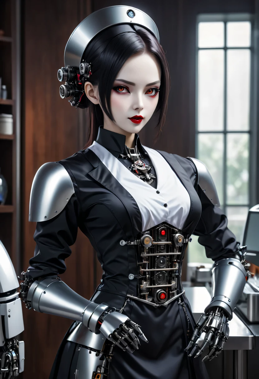 cybernetic female vampire,Female vampire robot butler, Metal mechanical surface,Mechanical joint,Female robot wearing housekeeper uniform,Female robot housekeeper is responsible for handling various household chores,