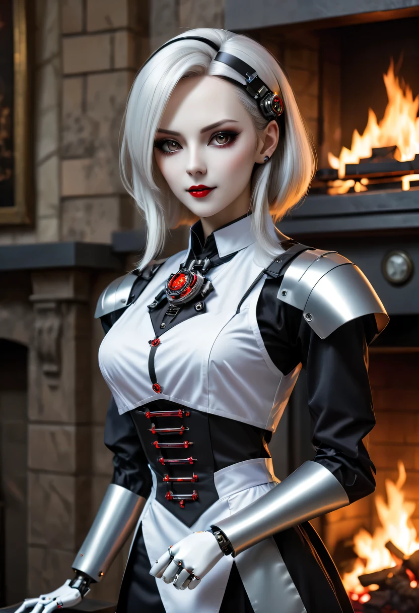 cybernetic female vampire,Female vampire robot butler, Metal mechanical surface，Mechanical joint，Female robot wearing housekeeper uniform,Female robot housekeeper is responsible for handling various household chores with fireplace in the background，sofe，