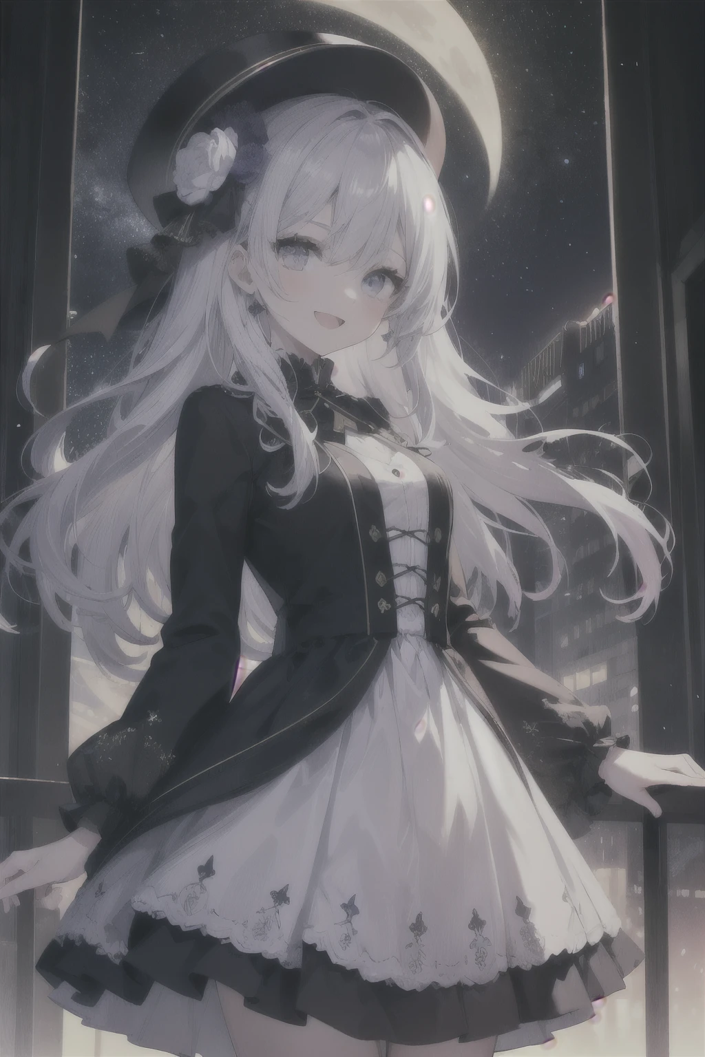 ((Best Quality)), ((Masterpiece)), (detailed), perfect faces,1girl,
:d,
aurora,
bangs,
breasts,
city_lights,
constellation,
crescent_moon,
dress,
eyebrows_visible_through_hair,
fireworks,
hair_between_eyes,
hat,
jewelry,
light_particles,
long_hair,
long_sleeves,
looking_at_viewer,
milky_way,
moon,
moonlight,
night,
night_sky,
open_mouth,
purple_hair,
shooting_star,
skirt,
sky,
smile,
snowing,
solo,
space,
sparkle,
star_(sky),
star_(symbol),
starry_background,
starry_sky,
starry_sky_print,
white_headwear,
window