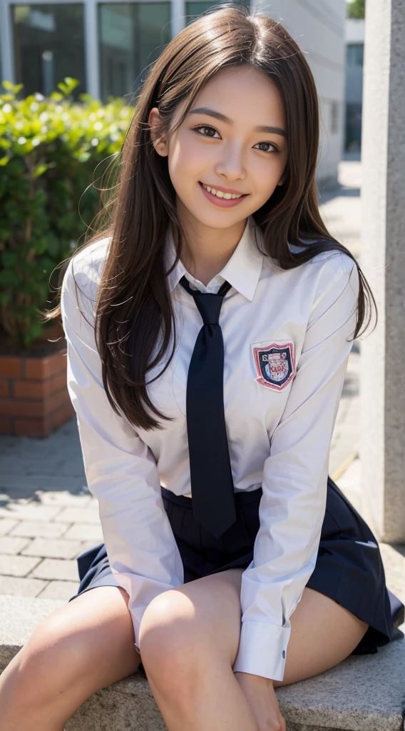1Girl,((school uniformss)), blush,light grin smile, Sitting,exteriors,