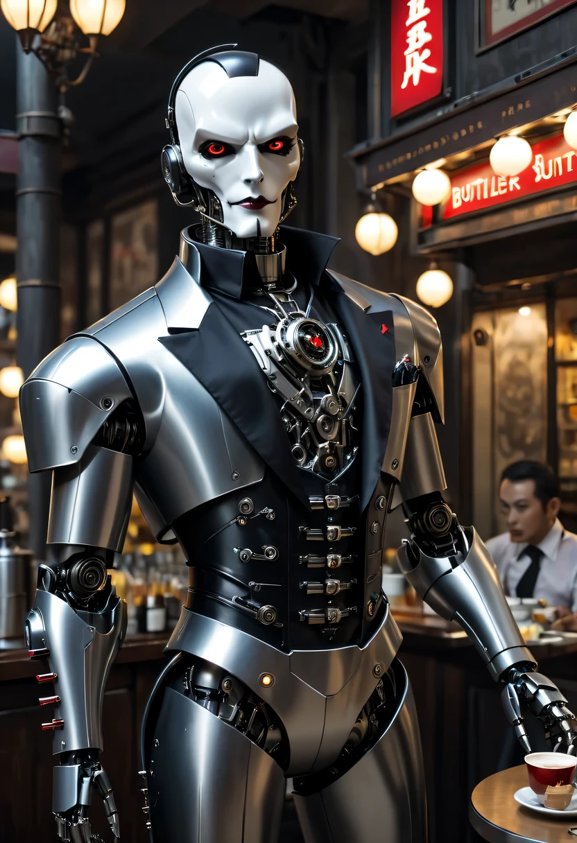 Cybernetic vampires,vampire robot waiter, metal mechanical surface，Mechanical joint，Robot wears butler suit,