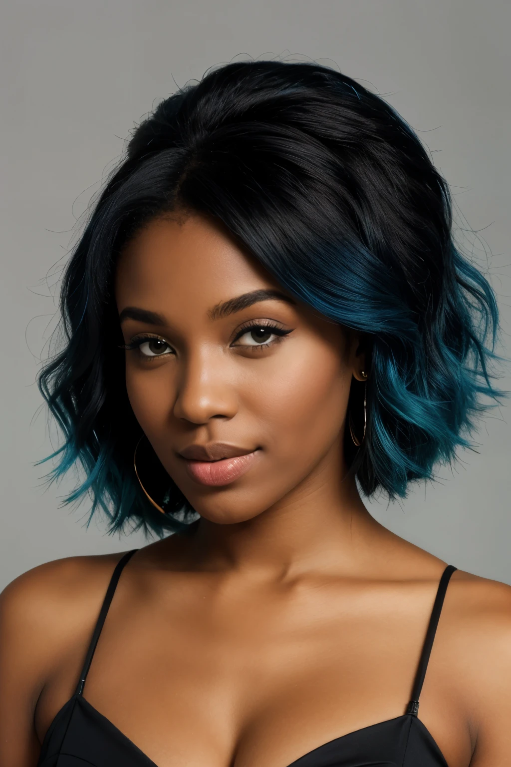 Femme africaine de 20 ans, riant, cheveux de couleur bleu et noir, fond noir, en studio
