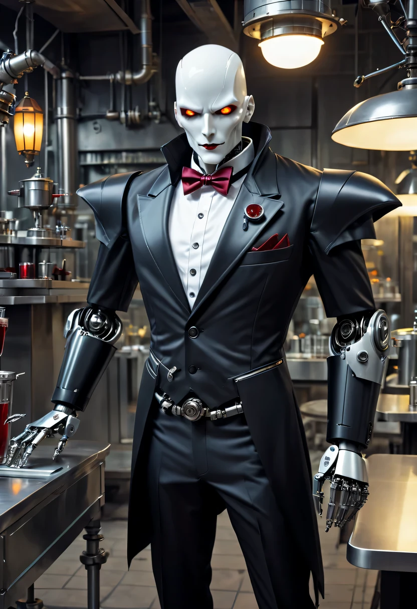 Cybernetic vampires,vampire robot waiter, metal mechanical surface，Mechanical joint，Robot wears butler suit,