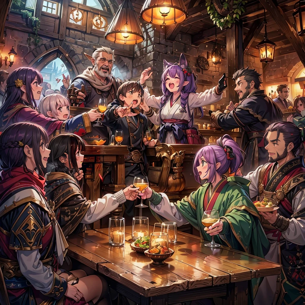 (masterpiece), best quality, ultra detailed, expressive eyes, perfect face,Fantasy art, a dozen people of different races toasting together in a medieval pub at night, Cheers with alcohol,reveling, happy, ecstasy, (exaggerated expressions:1.3), (exaggerated movements:1.5),Human,Elf,Dwarf,kemomimi, warrior, ranger, mage, archer, ninja, samurai, black hair, yellow hair, red hair, pink hair,purple hair, short hair, long hair, ponytail, twintails, (Lots of dishes on table:1.2) , (Large_meals on table:1.2), vivid color