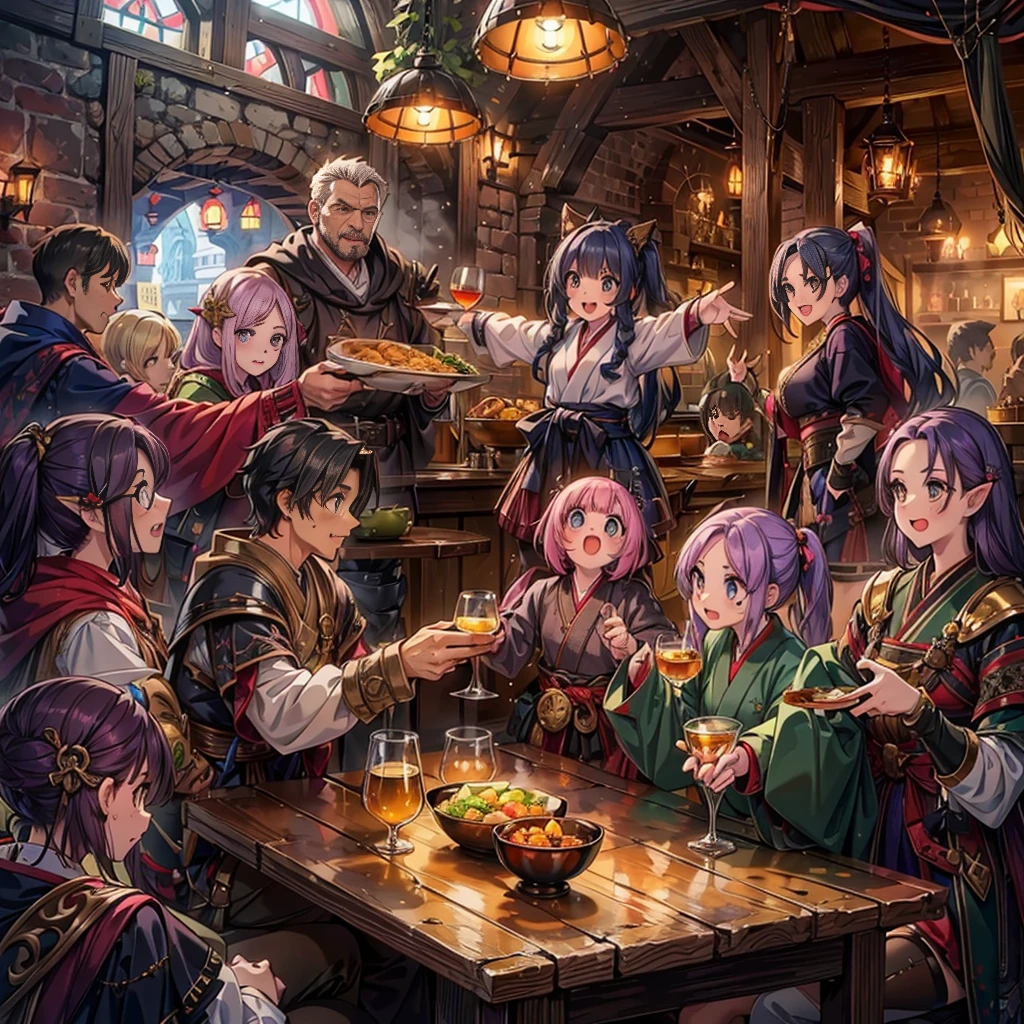(masterpiece), best quality, ultra detailed, expressive eyes, perfect face,Fantasy art, a dozen people of different races toasting together in a medieval pub at night, Cheers with alcohol,reveling, happy, ecstasy, (exaggerated expressions:1.3), (exaggerated movements:1.5),Human,Elf,Dwarf,kemomimi, warrior, ranger, mage, archer, ninja, samurai, black hair, yellow hair, red hair, pink hair,purple hair, short hair, long hair, ponytail, twintails, (Lots of dishes on table:1.2) , (Large_meals on table:1.2), vivid color