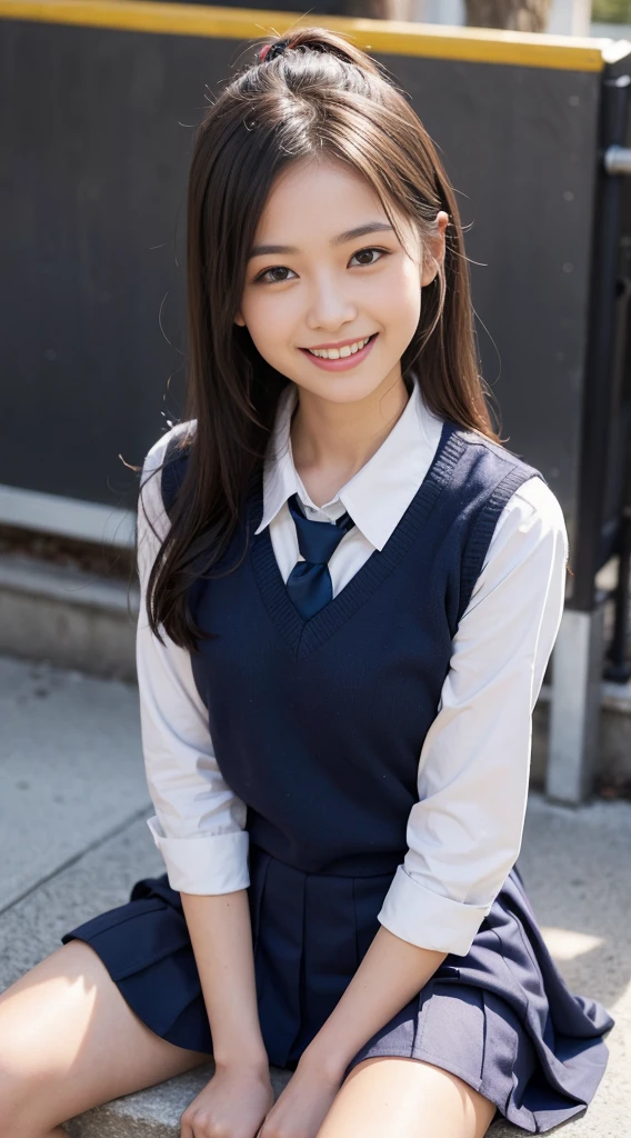 (highest quality、masterpiece:1.2)、highest quality、realistic、photograph、High resolution、1080p、8K、The face is especially pale., physical rendering、((Height: 155cm)), one Japanese girl、((Siren in the form of a 15-year-old Japanese junior high school student)), ((((Siren in the form of a beautiful girl fashion model from a Japanese magazine)))), , (((big very detailed beautiful dark brown eyes))), ((blue girly large wine-red glossy polyester Japanese school ribbon bow tie)), (((black beautiful long twin braids hair))), ((((deep blue colored tartan checkered formal long pleated pleated skirt)))), ((A unpatterned formal dark blue blazer in solid that is slightly oversized and has an emblem on the left chest.)), ((((((laughing at me!)))))), mouth is open, The large blazer and skirt are very cute., detailed fingers, Slender body, ((curled bangs)), so beautiful, long eyelashes, ((Very big and very very very cute eyes of a Japanese girl)), ((large pupils)), double eyelids, The entire skirt is photographed, thin eyebrows, ((drooping eyes)), ((long eyelashes)), ((cute lovely lovely laughing laughing cheeks)), ((Pure white light hits her face from above and in the front, making her skin and eyes shine beautifully.)), ((Strong light hits the nose and cheeks、It brings out the richness of the expression.)), (((((Her face is expressive, pure and very intelligent.))))), (((((going down evil stairs bringing me to the underground temple of Succubus!!))))), ((shot from behind))