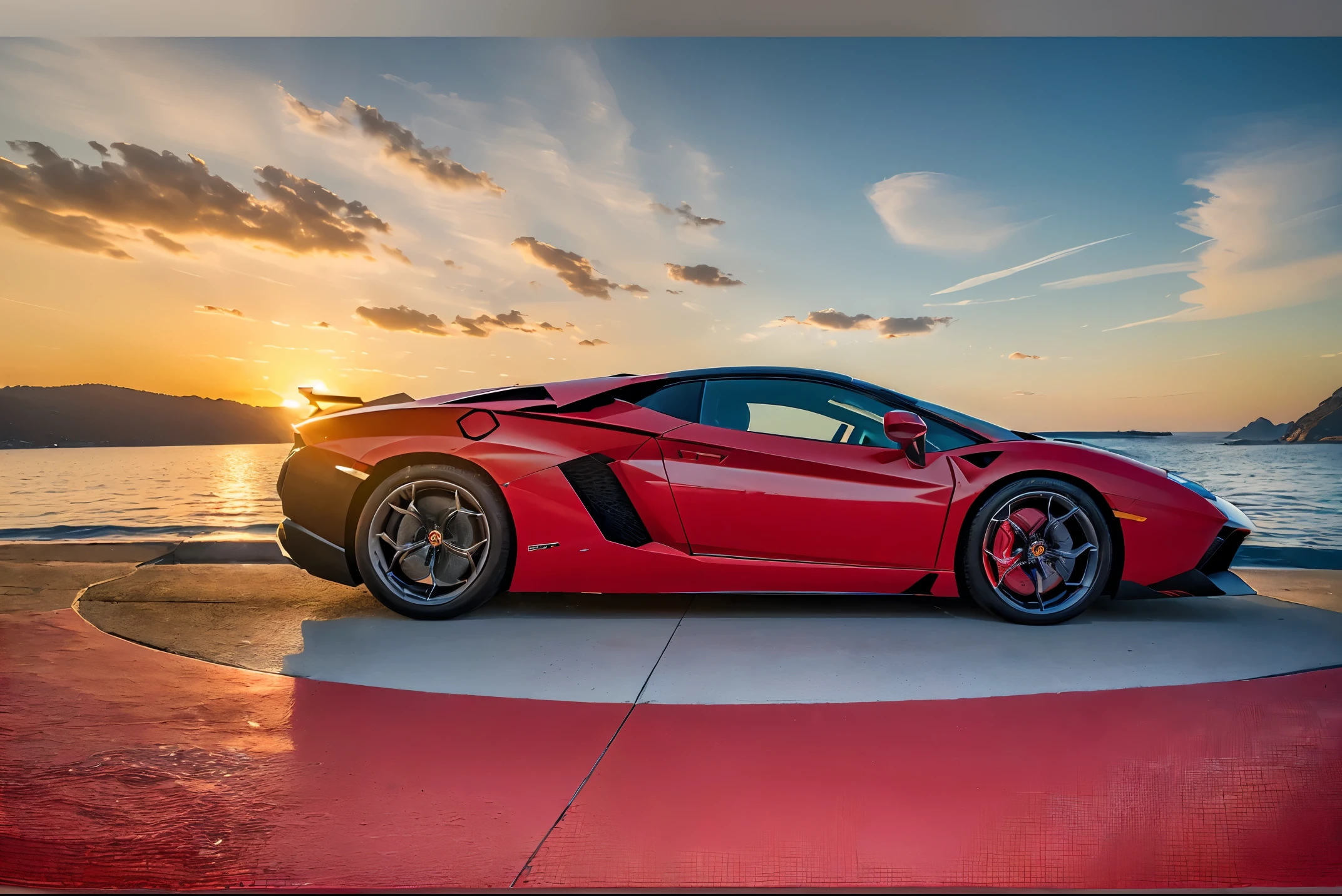 (ultra-quality:1.5) (ultra-detailliert:1.5) (A hyper-realistic:1.5) (Realistic texture:1.5)Photo of a bright red Lamborghini Aventador detail portrayal Realistic and three-dimensional ultra-quality The ultra -The high-definition At the seaside with a bright red sunset (Very beautiful scenery:1.3) Angle from the side
