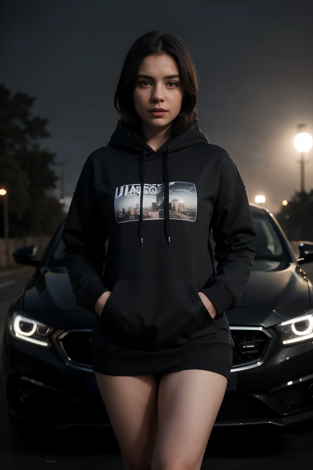 woman in black hoodie standing in front of a car, sport car, foggy night, cinematic, ultra detailed, photorealistic, masterpiece, 21 year old.