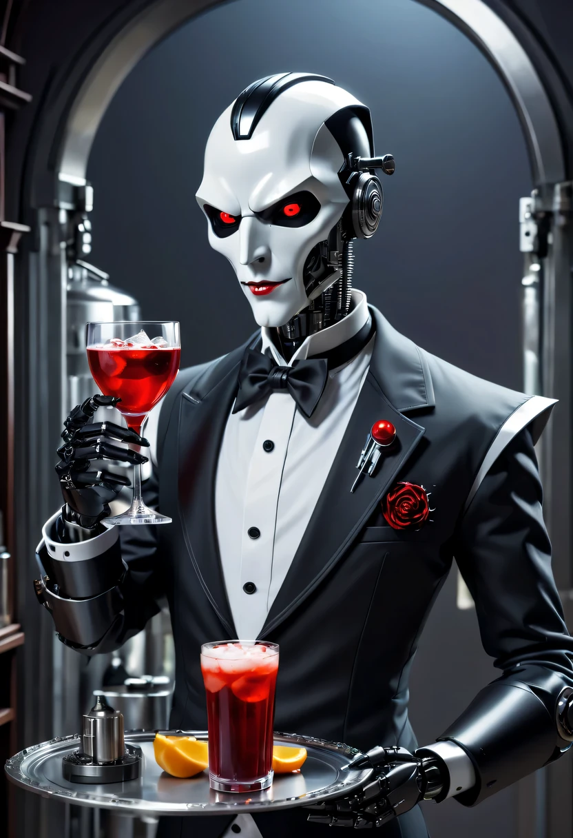 Cybernetic vampires,Vampire Robot Butler, Mechanical face,Mechanical joint,Butler outfit,Robot butler holding drink tray