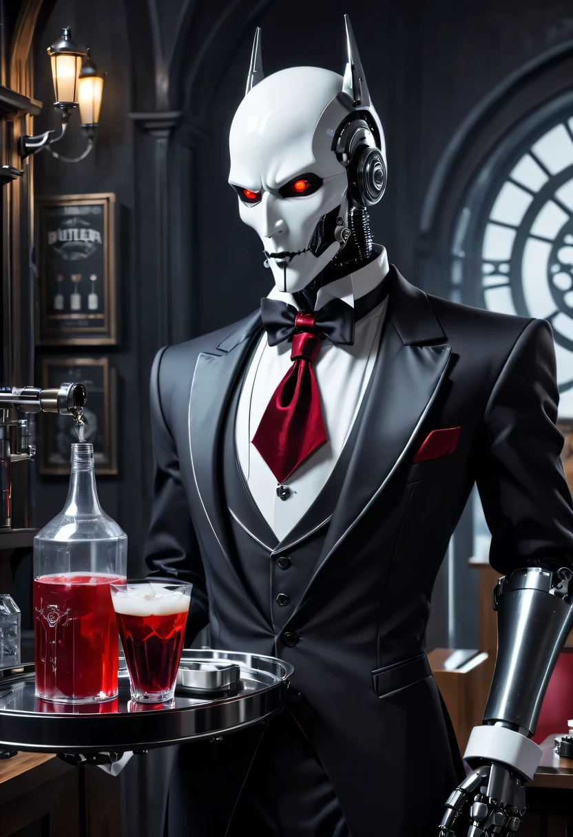 Cybernetic vampires,Vampire Robot Butler, Mechanical face,Mechanical joint,Butler outfit,Robot butler holding drink tray