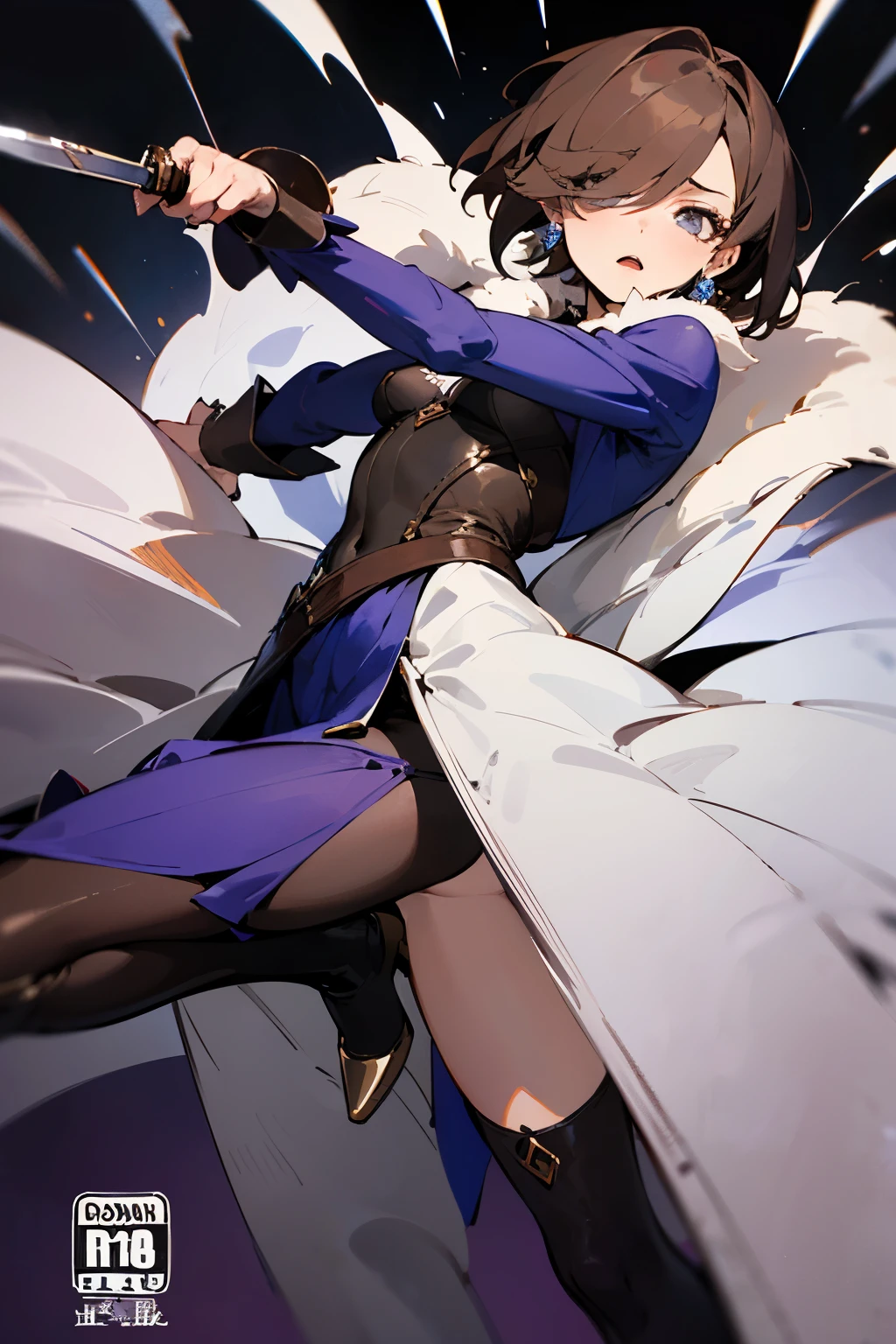 ((best quality)), ((masterpiece)), (detailed),  purple abstract background color pallate,1girl, 
((((short brown hair which covers her right eye)))), ((ATTACK POSE)), (((CLOSSED BODY))), dangling earrings, sparkle eyes, serious expression, depicted with a long white fur stole 

associated color is purple, (((full-length dress with purple long sleeves, the left dress covers almost her entire leg ))), looser at the ends with ruffled cuffs, have neckline dips most of the way down her chest and tucks into a brown leather bodice, cut low on the back, though not as extreme, split up the left side, revealing most of her leg, wears black stockings with ruffled garters, which themselves seem to be specially modified to hold at least one dagger, and tall, dark brown, heeled boots, 

subject hold dagger with the attack pose, and have another knife kept in her thigh