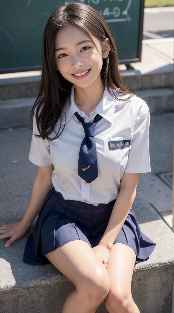 1Girl,((School uniform slush,light grin smile, Sitting,exteriors,