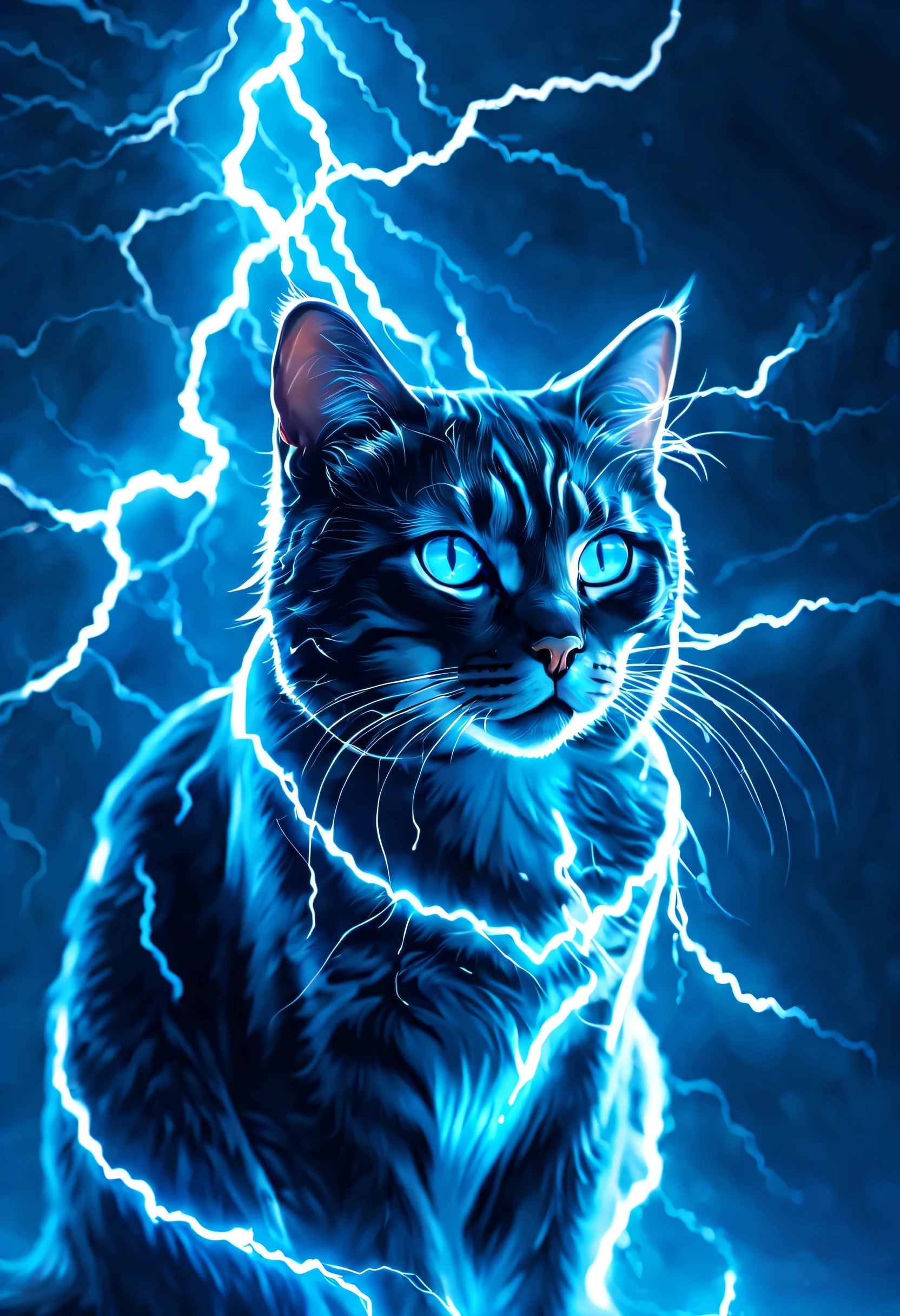 (Masterpiece, high quality, best quality, official art, beauty and aesthetics:1.2),thunder,composed of elements of thunder,cat,no humans,glowing,glowing eyes,blue theme,